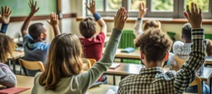 Children In A Classroom Raise Their Hands Eagerly, Facing A Teacher At The Front. Sunlight Streams Through Windows, Creating A Bright, Engaged Atmosphere.