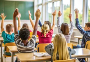 Kids In A Classroom Eagerly Raise Their Hands, Facing A Teacher. Bright Natural Light Fills The Room From Large Windows, Creating An Energetic Atmosphere.